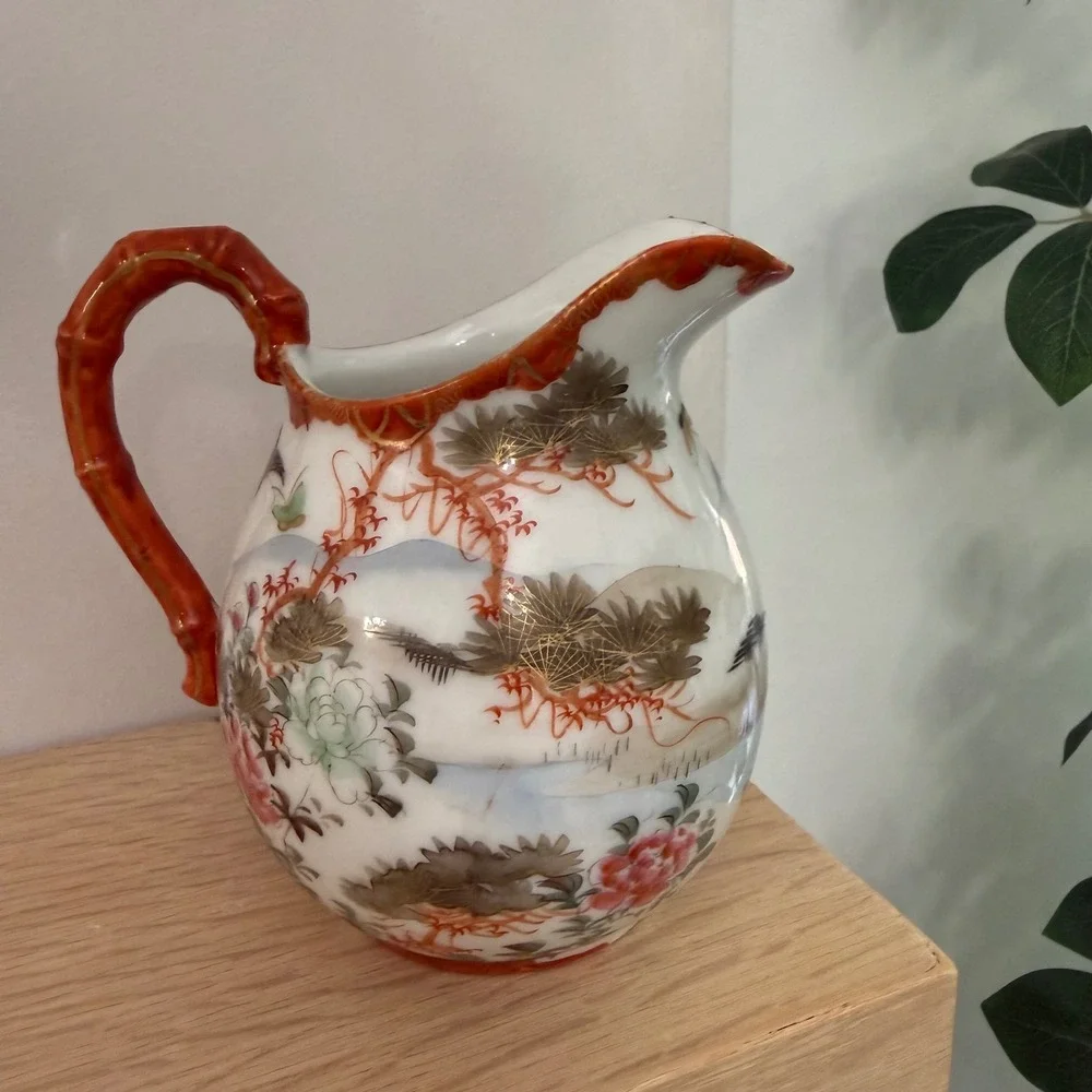 Vintage Japanese‎ Kutani Porcelain Peacock Creamer Pitcher Gold Gilt Handle